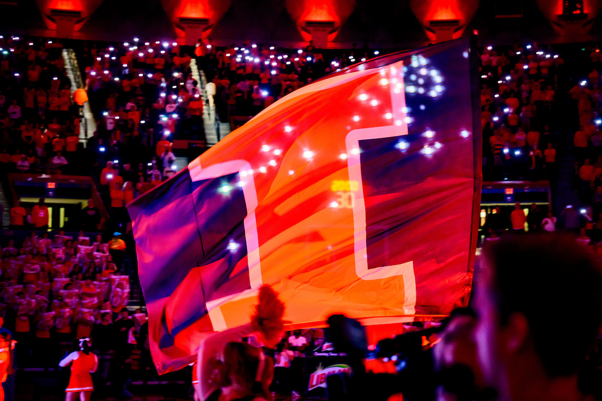 State Farm Center is lit as the fans greet the Fighting Illini Mens Basketball team during their home opener.