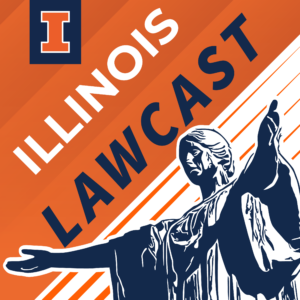 Illinois LawCast logo, orange, blue, and white with stylized Alma Mater statute