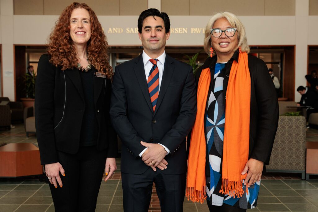 Colleen Murphy, Jake Sherkow, and Dr. Amy Santos pose for a photo in the Pavilion.